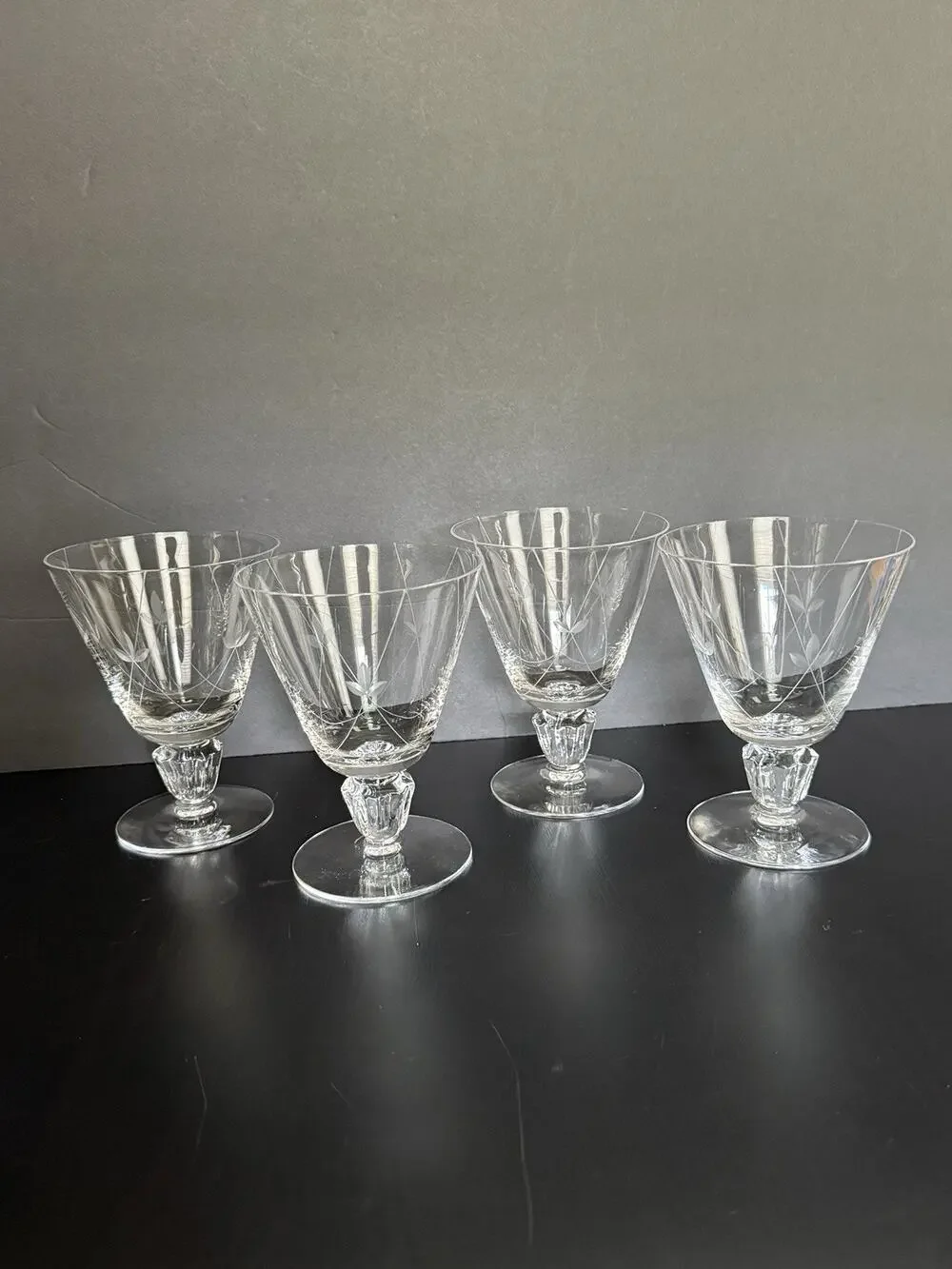 Vintage Fostoria Crest Crystal Etched Stemmed Glasses Set of 4 MCM